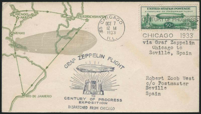 50c Chicago Zeppelin (C18).> Twelve flown <First Day Covers,> four New York, two Akron, one Miami and five Chicago, purple or black Century of Progress cachets, four with red Round-Trip Triangles, two with
printed cachets (Linprint and Ioor, Planty C