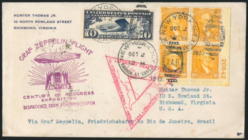 50c Chicago Zeppelin (C18).> Five cacheted flight covers, three are New York Oct. 2, 1933 FDCs, one <block of four,> another Ioor cachet (Planty 5B), the third with <Flushing N.Y. Forest Hills> wavy-line
machine cancel (very scarce from post office