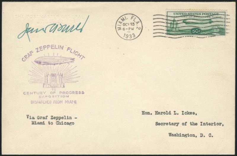 50c Chicago Zeppelin (C18).> Two flown covers, both addressed to Harold Ickes, Secretary of the Interior, first large-size with albino embossed corner card of the Postmaster General and <signed at top right by
James A. Farley,> PMG in his ubiquitous