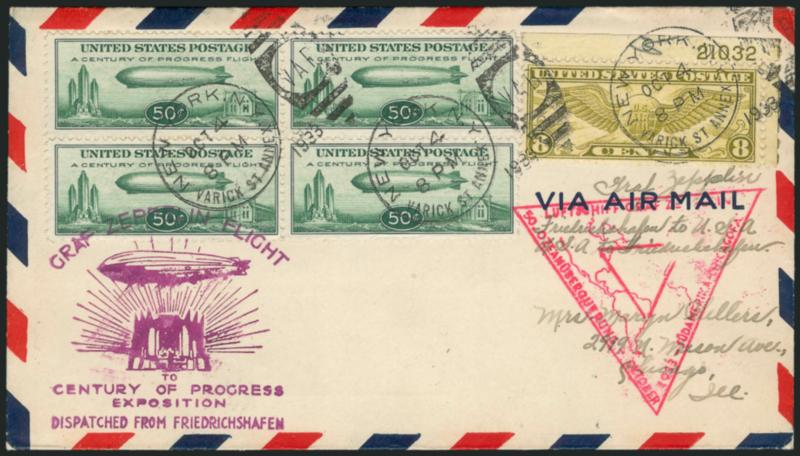 50c Chicago Zeppelin (C18).> Six flown covers, four with <blocks of four,> one with single and pair (Anderson printed cachet) and one irregular block of four, all with purple Century of Progress and red
round-trip triangular cachets, all posted at Ne
