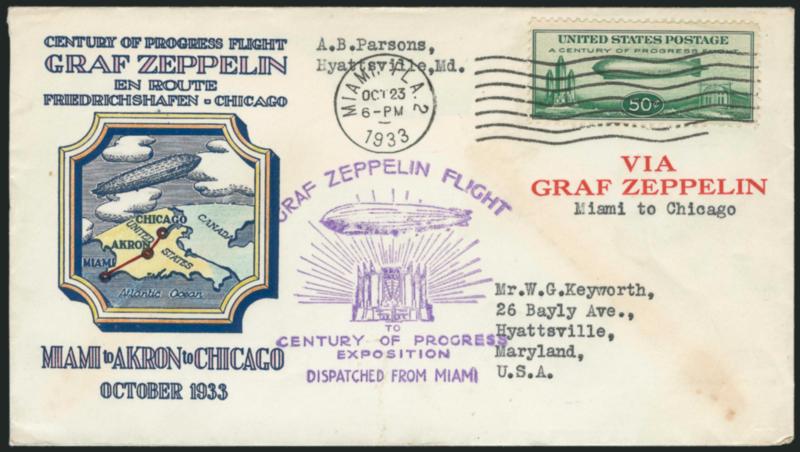 50c Chicago Zeppelin (C18).> Tied by Miami, Fla. Oct. 23 1933 wavy-line machine cancel on cacheted flight cover with beautiful multicolor printed <Parsons Cachet> (Planty C18-20), Fine and rare, it is believed
that only 14 of this cachet type were fl