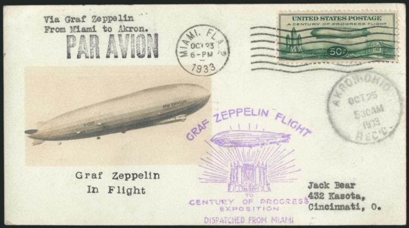 50c Chicago Zeppelin (C18).> Well-centered, slight soiling, tied by Miami, Fla. Oct. 23 1933 wavy-line machine cancel on cacheted flight cover with eazell Photo Cachet,> Akron, Ohio Oct. 25, 1933 receiving
datestamp, rare and attractive, it is beli