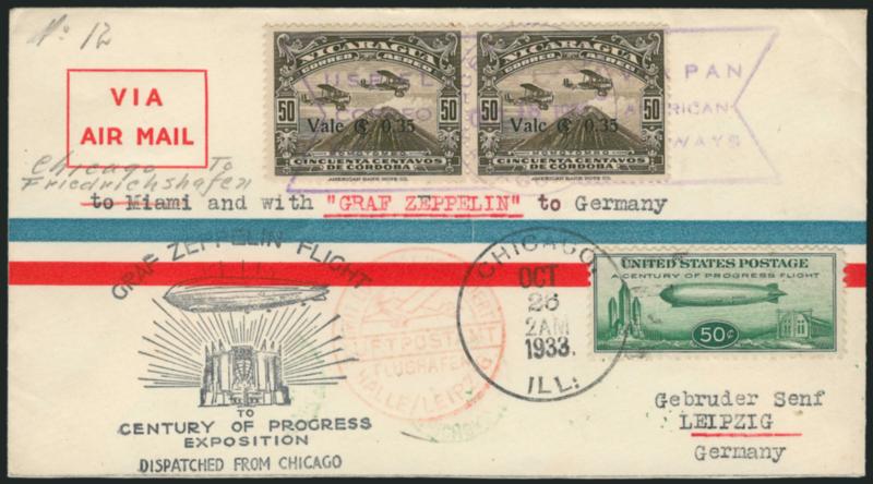 50c Chicago Zeppelin (C18).> Tied by Chicago Ill. Oct. 26 1933 circular datestamp and <used in combination with Nicaragua horizontal pair 35c on 50c Brown,> tied by light purple Oct. 18 Pan American Airways
circular datestamp on cacheted flight cover