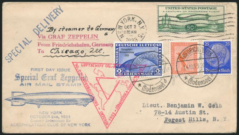 50c Chicago Zeppelin (C18).> Six <mixed franking covers,> incl. with Canal Zone 20c Air Post, six different Brazil stamps, three different Brazil stamps incl. Zeppelin 3$500 surcharge tied by Rio de Janeiro
Fair cachet (ex Belinkoff), two covers wi