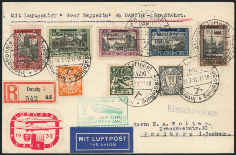 Danzig Zeppelin and Flight Covers.> 16 covers or cards, wonderful variety of different cacheted Zeppelin flight covers, a number with better frankings, also incl. <Mint N.H. set of Nos. C26-C30 blocks of
four,> Fine-Very Fine, very attractive and com