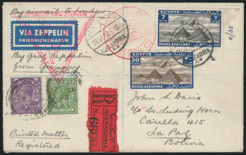 Egypt Zeppelin Flight Covers.> Two, both registered at Alexandria and with combination Great Britain and Egyptian franking (10p or 12p GB and 37m Egyptian), first is 1933 3rd South America Flight to Rio De
Janeiro (Sieger 219) with red and blue Zeppe