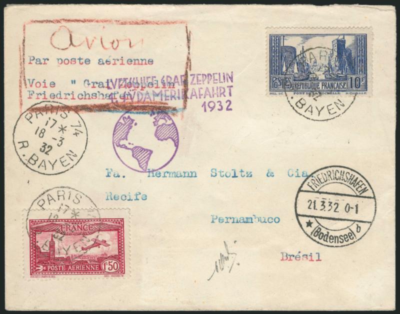 1932, March 21-29 1st South America Flight, France to Pernambuco (Sieger 138),> France Nos. 252 and C5 tied by Paris R. Bayen 18-3 32 circular datestamps on cacheted cover, Friedrichshafen March 21 departure
circular datestamp, Pernambuco March 23