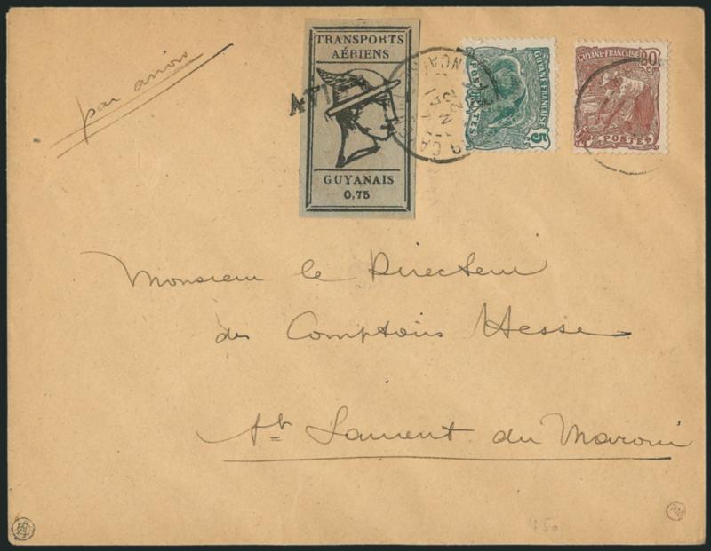 French Guiana, 1921, 75c Black on Gray, Air Post (Yvert 6A).> On cover with 5c and 20c Regular Issue, tied by 1922 Cayene circular datestamp and straight line AVION, Very Fine, with 1963 A. Marchand photo
certificate