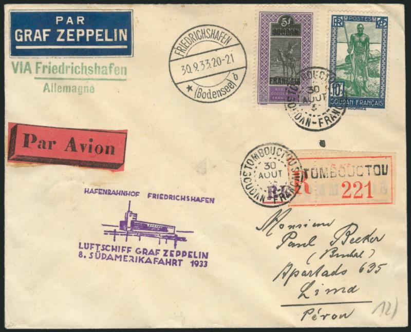 French Sudan Zeppelin Flight Cover.> 5fr and 10fr Pictorials Nos. 49, 100 tied by Tombouctou Soudan Francais Aug. 30 1933 double-circle datestamp on registered flown cacheted 8th South America Flight cover to
Peru, Dakar and Lima backstamp transits,