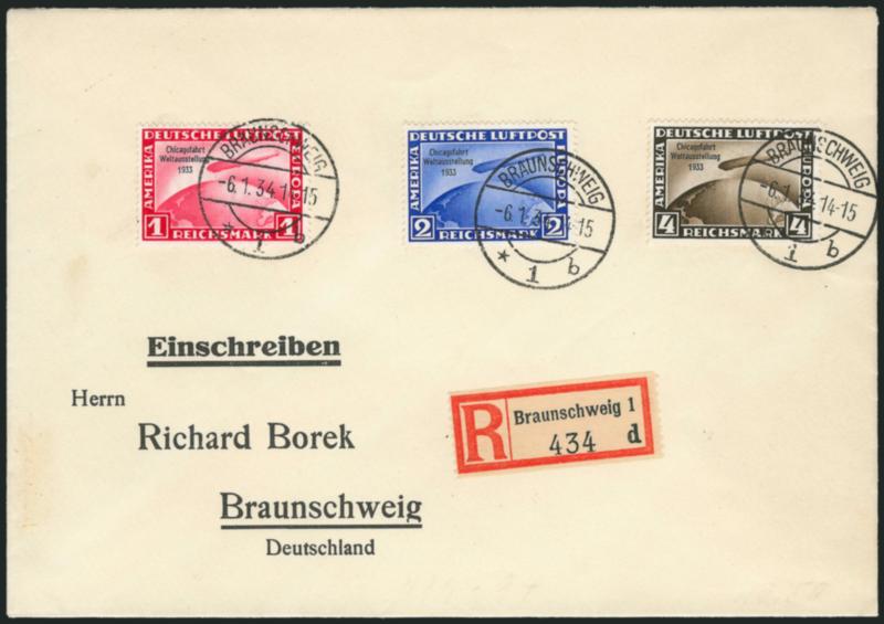 Germany, 1933, 1m-4m Chicago Flight (C43-C45).> Complete set tied on registered cover by Braunschweig Jan. 1, 1934 circular datestamps, Fine-Very Fine