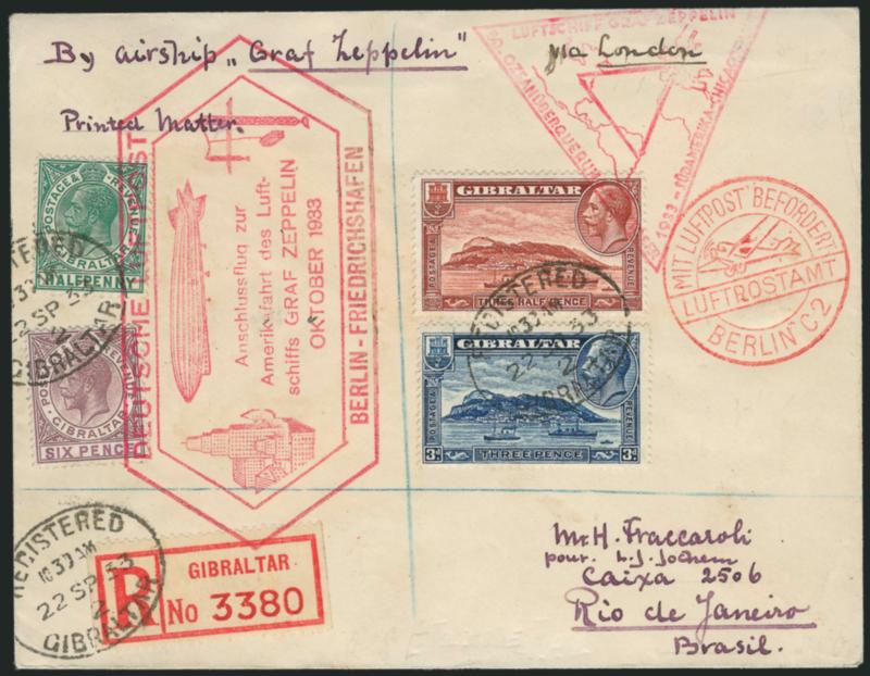 1933, Oct. 14-Nov. 2, Century of Progress Flight, Gibraltar to Rio de Janeiro (Sieger 238E).> Four different Gibraltar stamps on registered European size cover, tied by flight cachets and registry ovals, Very
Fine