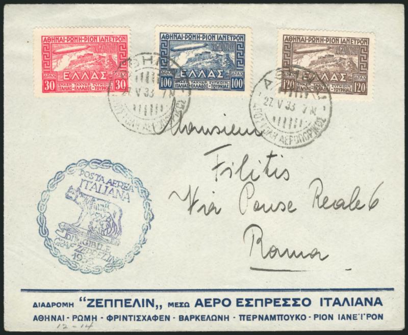 Greece, 1933, 30d-120d Graf Zeppelin (C5-C7).> Tied by Athens circular datestamps on European size Italian Flight cover to Rome (Sieger 210y), blue flight cachet, Rome Posta AereaCrociera Zeppelin illustrated
duplex receiver, Very Fine, attractive