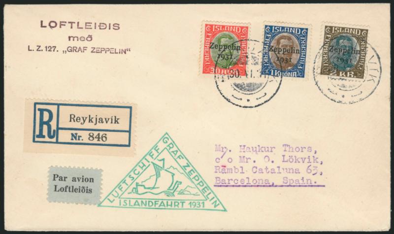 Iceland, 1931, 30a-2k Zeppelin 1931 Ovpts. (C9-C11).> On registered cacheted flight cover to Barcelona, Spain, tied by Reykjavik circular datestamps (Sieger 113), Friedrichshafen arrival backstamp, Stutgart
and Barcelona destination transits, Very