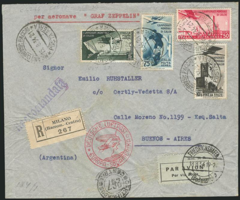 Italy, 1934, 20c-10l Second World Soccer Championship (324-328, C62-C65).> Regular issue on May 24, 1934 cover to the Vatican, <Air Post on Aug. 18, 1934 flown Graf Zeppelin cover to Buenos Aires,> some minor
toning, otherwise Very Fine, scarce