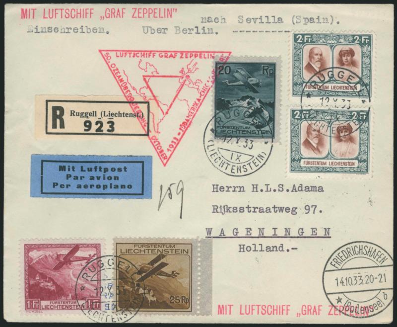 1933, Oct. 14-Nov. 2, Century of Progress Flight, Liechtenstein Franking (Sieger 238).> Cover and card, one registered and franked with two singles 2fr Gray Green and Red Brown No. 107b and C2, C3 and C6 to
Seville, other with Nos. 106 and 107b to Ch