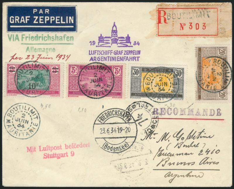 Mauritania Zeppelin Flight Cover.> Four 20c-10fr Pictorials tied by Boutilmit Mauritanie June 2, 1934 double-circle datestamps, Argentine Flight cachet, backstamps incl. St. Louis and Dakar Sengal, Very
Fine