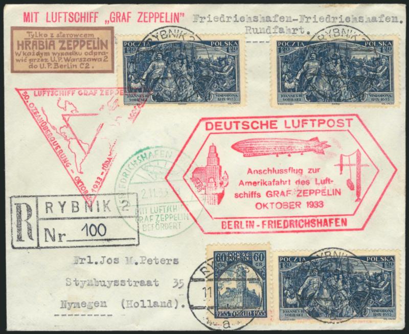 1933, October 14-November 2 Century of Progress Flight, Poland to Nijmegen, Netherlands via Friedrichshafen Round Trip Flight (Sieger 238E).> Registered cacheted cover franked with eight 1.20z Indigo No. 278
(front and back) and a lone 275, all tied