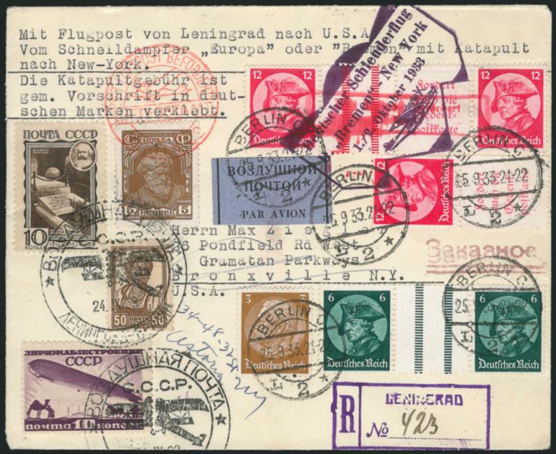 Russia Flown Catapult Cover.> From Leningrad to Berlin to the U.S. with Russian and German franking, registered, Bremen catapult plane pictorial cachet, all stamps tied by various markings, five backstamps,
Very Fine