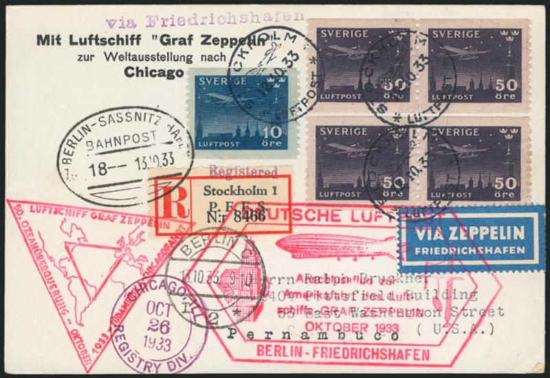 Sweden Zeppelin Flight Covers.> Two covers and a card for the October 14-November 2, 1933 Century of Progress Flight (Sieger 238E), two registered, all with both red Zeppelin cachets as customarily seen,
destinations incl. Chicago, Pernambuco and Rio