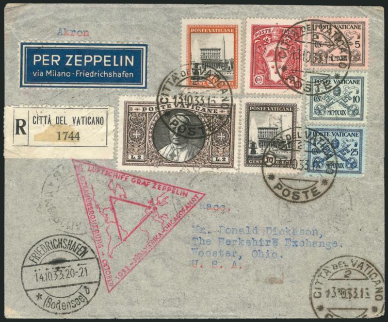 1933, October 14-November 2 Century of Progress Flight, Vatican City to Wooster, Ohio via Akron (Sieger 238).> Seven different Vatican City stamps on front, <six different Italian Air Post stamps on back,>
tied by October 13, 1933 Vatican City and Mi