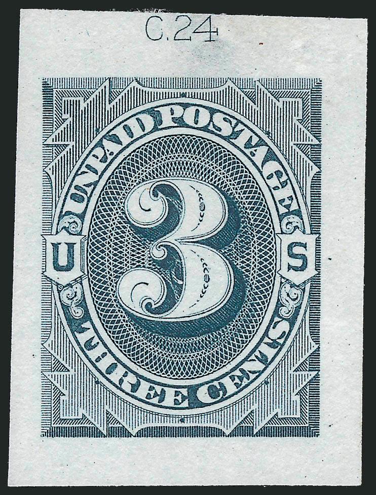 2c-5c 1879 Unpaid Postage Die Essay, Cut Small, Blue Green on India (J2-E1b-J4-E1db).> 3c with C.24 die imprint at top, partial on 5c, first two natural India paper translucencies, very trivial on 2c, Very
Fine-Extremely Fine