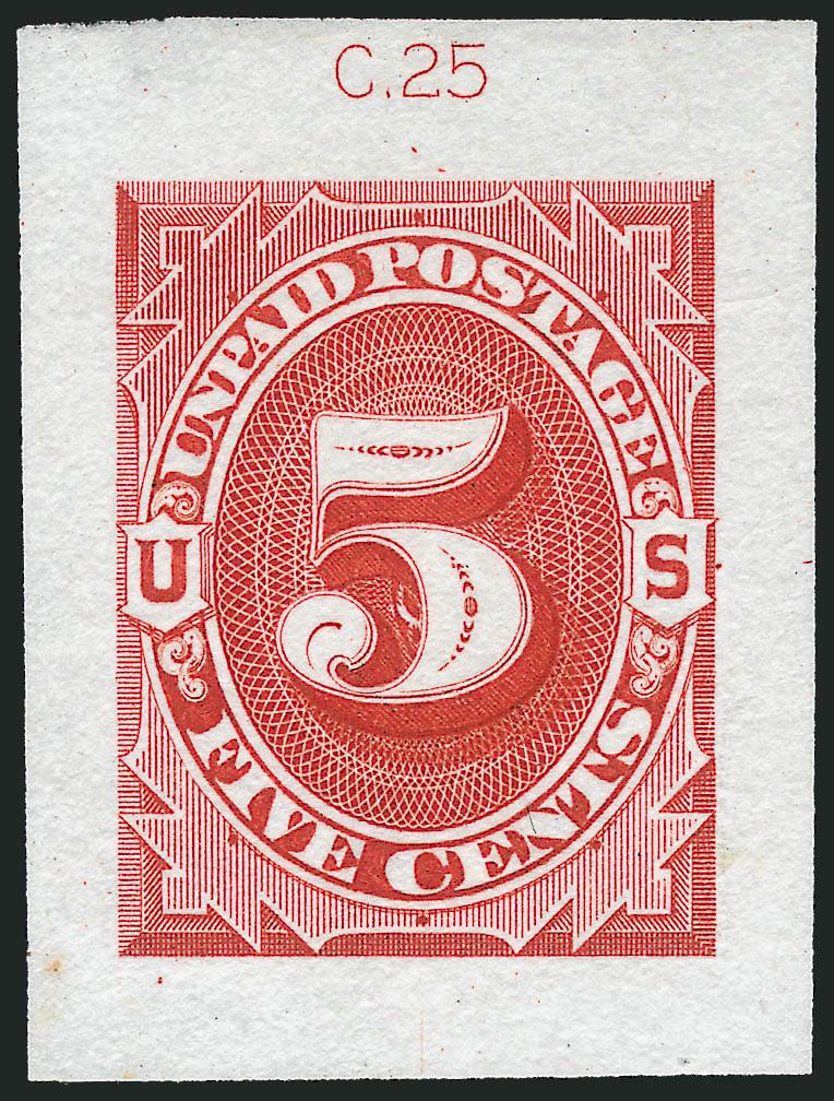 2c-5c 1879 Unpaid Postage Die Essay, Cut Small, Orange Brown on India (J2-E1b-J4-E1db).> 5c with C.25 die imprint at top, partial on 3c, first two natural India paper translucencies, very trivial on 2c, Very
Fine-Extremely Fine