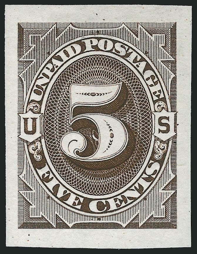 1c-5c 1879 Unpaid Postage Die Essay, Cut Small, Dull Brown on India (J1-E1b-J2-E1b, J4-E1b).> Nice margins, strong color that is anything but dull, actually looks like sepia, Very Fine-Extremely Fine