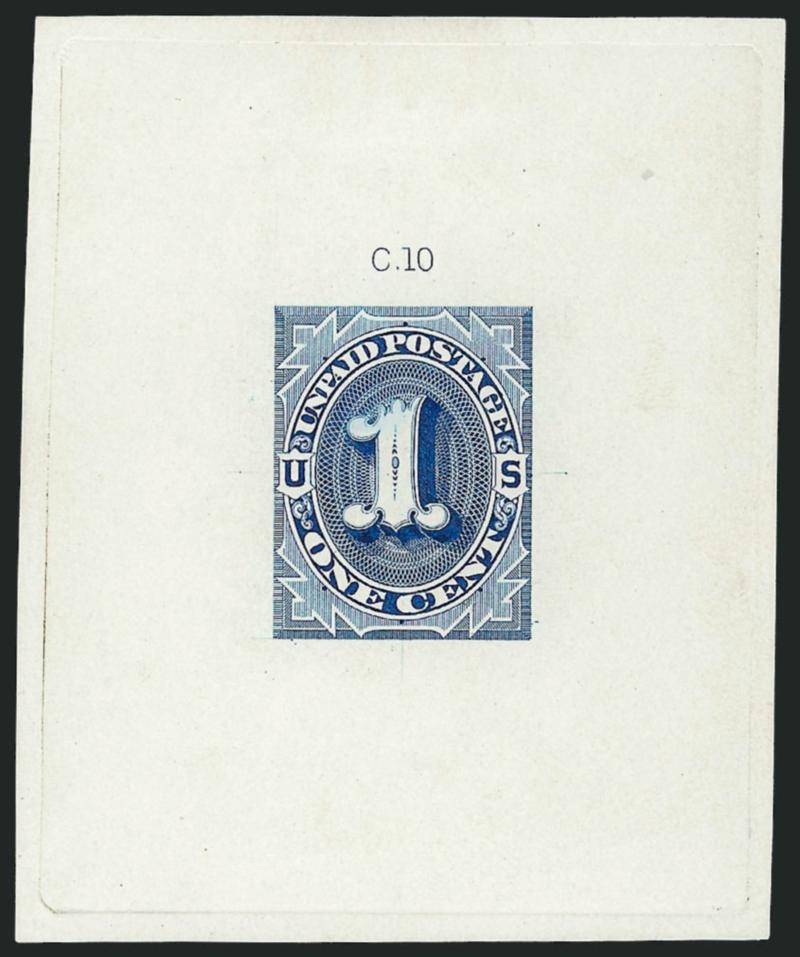 1c 1879 Unpaid Postage Die Essay, Blue on White Ivory Paper (J1-E1d).> 58 x 71mm with C.10 die imprint at top, strong color, Extremely Fine
