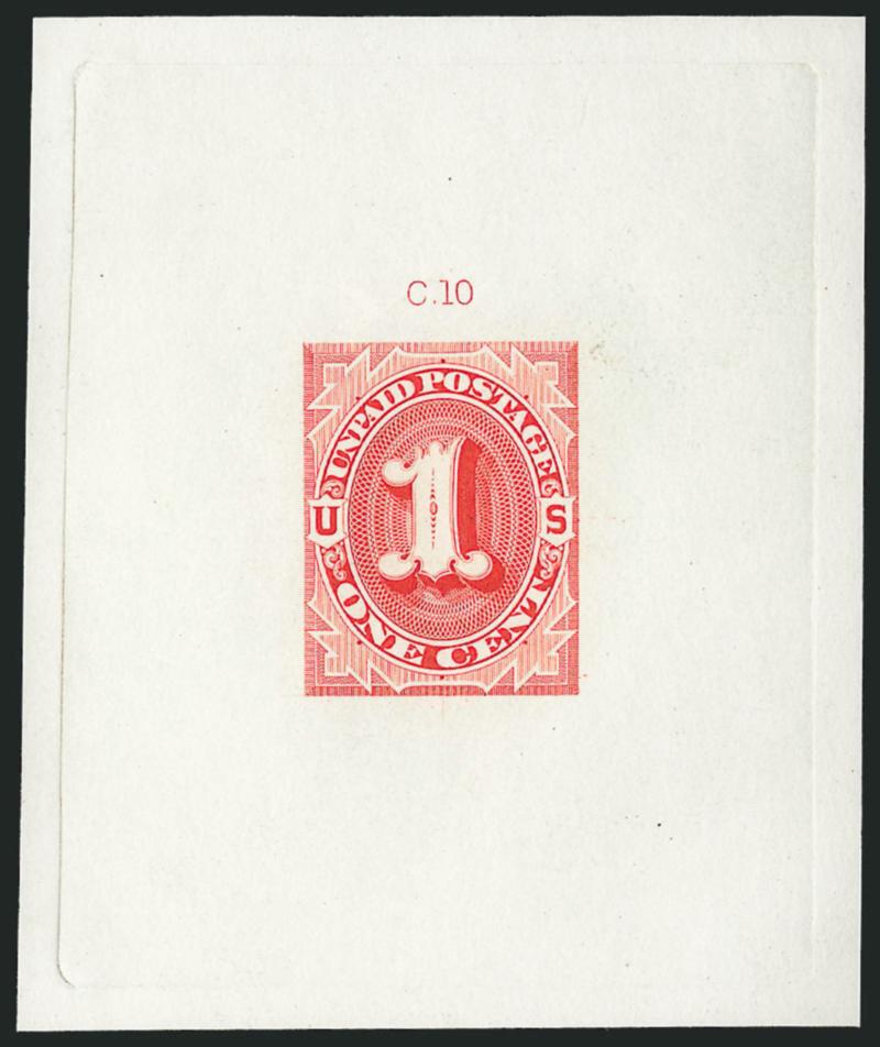 1c 1879 Unpaid Postage Die Essay, Scarlet on White Ivory Paper (J1-E1d).> 60 x 73mm with C.10 die imprint at top, radiant color, Extremely Fine