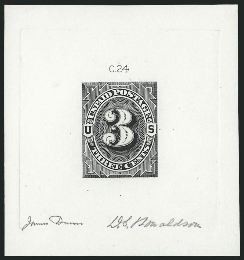 3c 1879 Unpaid Postage Die Essay, Black on White Ivory Paper (J3-E1d).> 63 x 68mm with C.24 die imprint at top, strong shade, signed by James Dunn and D.S. Ronaldson, the engravers, Extremely Fine