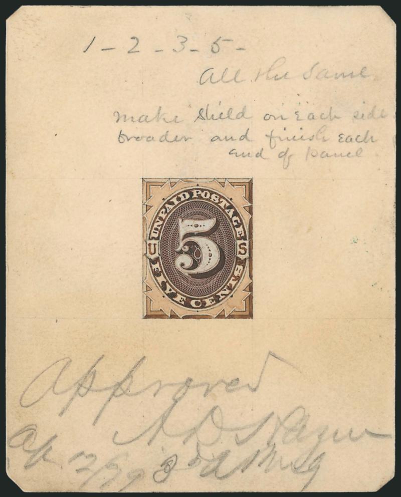 5c 1879 Unpaid Postage Die Essay of Engraved Vignette with Wash Drawing (J4-E2).> 70 x 88mm card, the frame with pencil and wash drawing, the vignette engraved, cut to shape and pasted into place, the central
number also engraved, cut to shape and