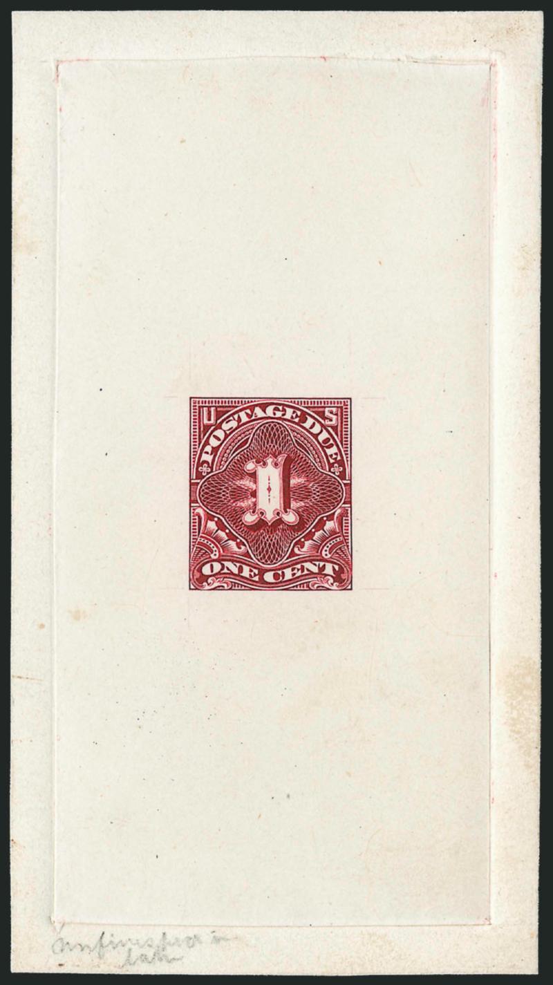 1c Claret, Large Die Essay on India (J31-E2).> On 61 x 111mm card with full die sinkage, intense shade and impression, more complete than the previous lot but still lacking engraving at bottom of numeral, Very
Fine, scarce, ex Whitpain