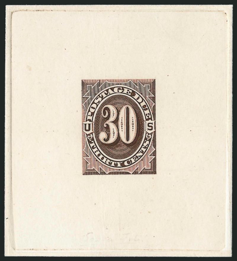 1c-50c 1879 Postage Due, Large Die Trial Color Proofs (J1TC1-J7TC1).> The seven different denominations, 50c off-card, others on die sunk cards, 54 x 61mm and larger, 1c-5c with die numbers at top, 2c few
trivial toning specks, 3c slightly oxidized,