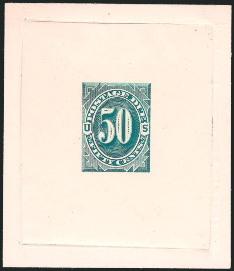 1c-50c 1879 Postage Due, Large Die Trial Color Proofs in Blue Green (J1TC1-J7TC1).> On die sunk cards, 1c-5c 56 x 65mm, 10c-50c 66 x 76mm, 1c-5c with die numbers at top, Very Fine-Extremely Fine