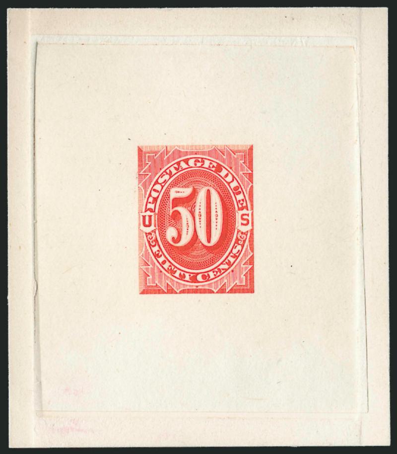 1c-50c 1879 Postage Due, Large Die Trial Color Proofs in Red Orange (J1TC1-J7TC1).> On die sunk cards, 1c-5c 56 x 66mm, 10c-50c 66 x 76mm, 1c-5c with die numbers at top, Very Fine-Extremely Fine