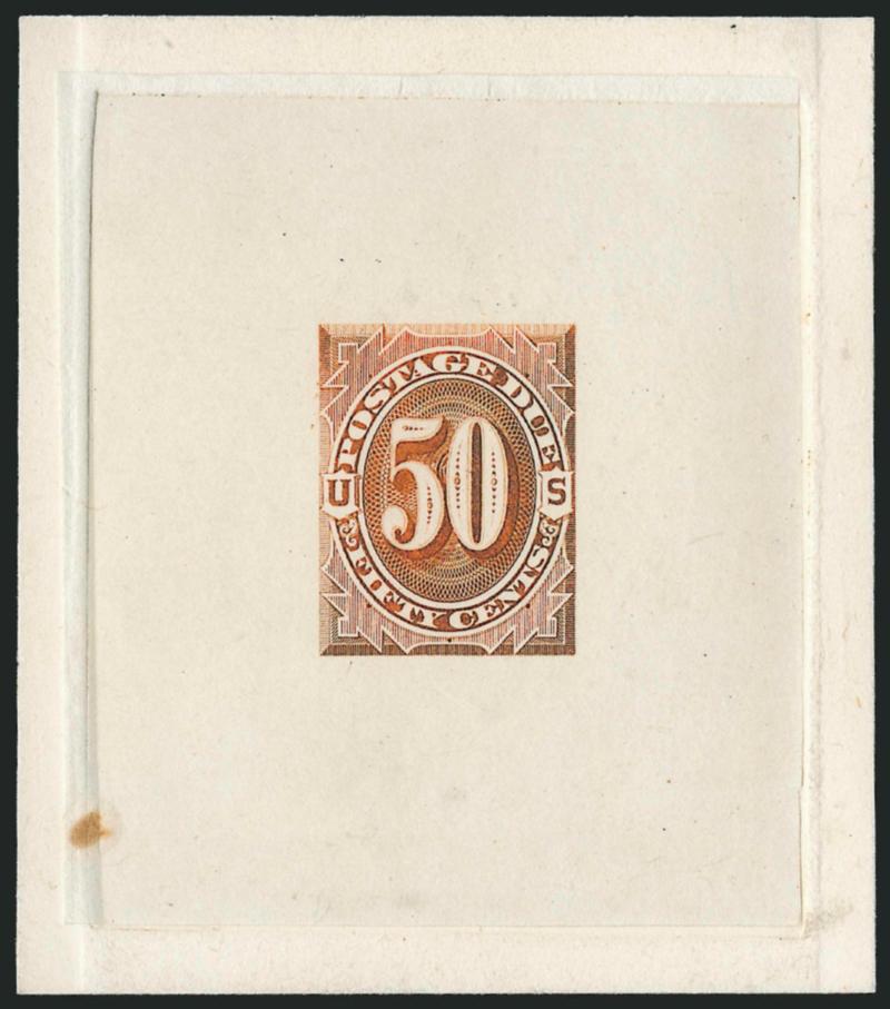 1c-50c 1879 Postage Due, Large Die Trial Color Proofs in Orange (J1TC1-J7TC1).> On die sunk cards, 1c-5c 57 x 66mm, 10c-50c 67 x 76mm, 1c-5c with die numbers at top, all but 3c and 5c somewhat oxidized, 50c
minor edge toning spot, otherwise Very Fine