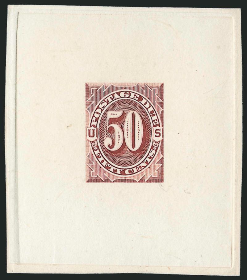 1c-50c Bright Claret, 1891 Postage Due, Large Die Trial Color Proofs (J1TC-J7TC1).> Die sunk on 60 x 68mm to 77 x 128mm cards, 1c-5c with die imprints at top, those plus the 10c signed by James Dunn the
engraver, few trivial toning specks most notice