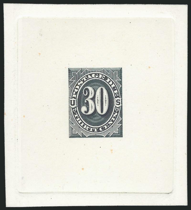 1c-50c 1879 Postage Due, Large Die Trial Color Proofs in Black (J1TC1-J2TC1, J4TC1-J7TC1).> Complete less 3c, on die sunk cards, 1c-5c 57 x 66mm, 10c-50c 59 x 68mm, 1c-5c with die numbers at top, Very
Fine-Extremely Fine