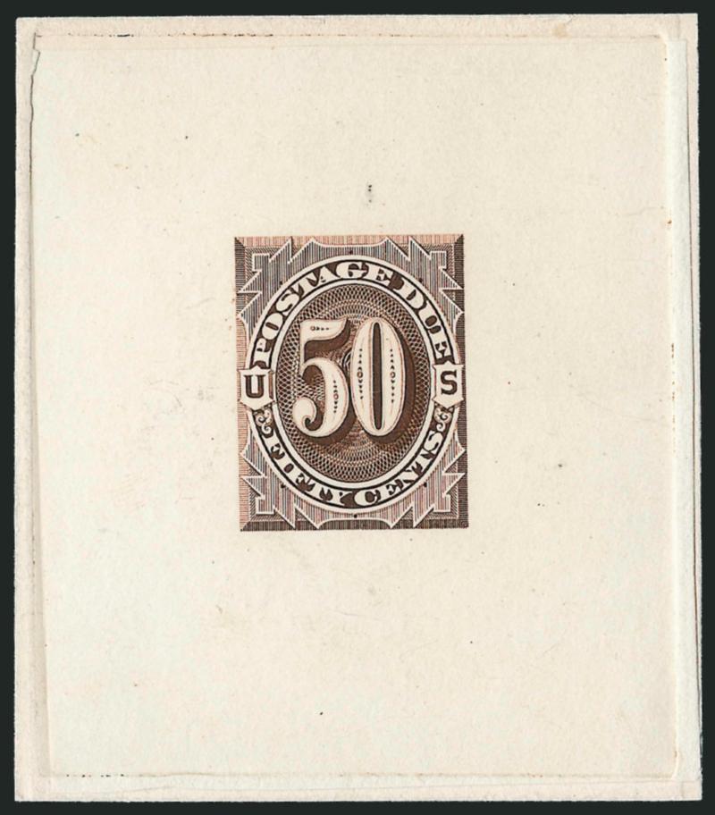 1c-50c 1879 Postage Due, Large Die Trial Color Proofs in Either Sepia or Light Brown (J2TC1-J3TC1, J5TC5-J7TC1).> On die sunk cards, 54 x 63mm and larger, 2c and 3c with die imprints at top, 3c is the light
brown but is actually much darker, 2c cou