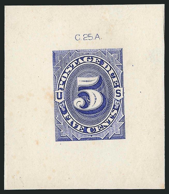 1c-5c 1879 Postage Due, Large Die Trial Color Proofs in Ultramarine (J1TC1-J4TC1).> First three off-card, 5c original card backing, with die numbers at top, Very Fine-Extremely Fine