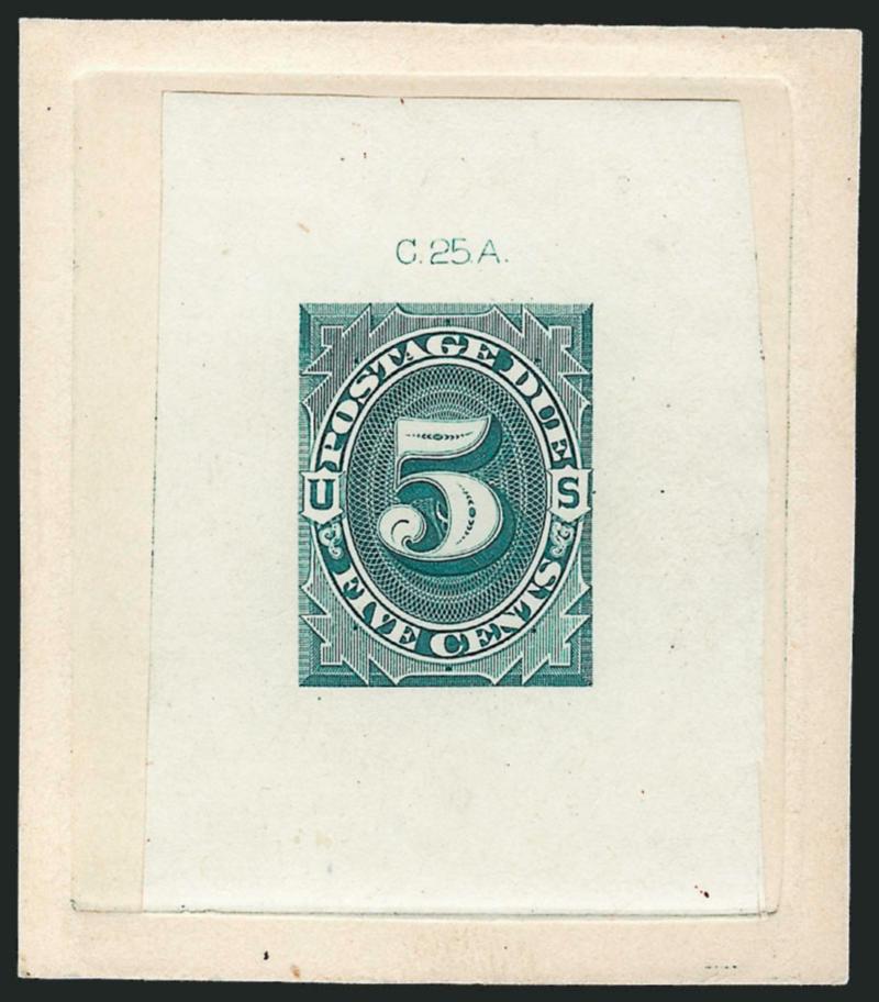 1c-5c 1879 Postage Due, Large Die Trial Color Proofs in Blue Green (J1TC1-J4TC1).> First three off-card, 5c on die sunk card, 3c 31 x 46mm, others approximately 39 x 52mm, die numbers at top, Very
Fine-Extremely Fine