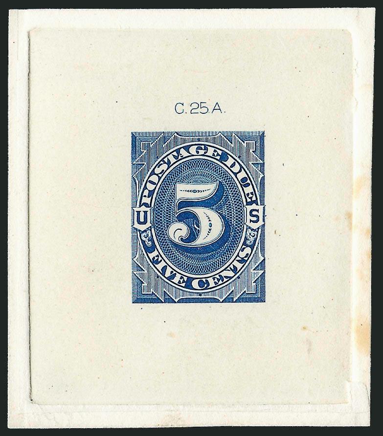 1c-5c 1879 Postage Due, Large Die Trial Color Proofs in Blue (J1TC1, J3TC1-J4TC1).> On die sunk cards, 54 x 62mm and larger, 1c-5c with die numbers at top, 3c minor toning spot at extreme bottom edge,
otherwise, Very Fine-Extremely Fine