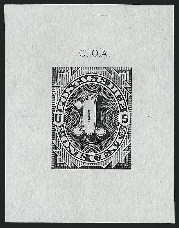 1c, 2c 1879 Postage Due, Trial Color Die Proofs in Black (J1TC1-J2TC1).> 42 x 54mm and 44 x 52mm respectively, both with die imprints at top, 2c tiny internal erosion above imprint, otherwise Extremely
Fine