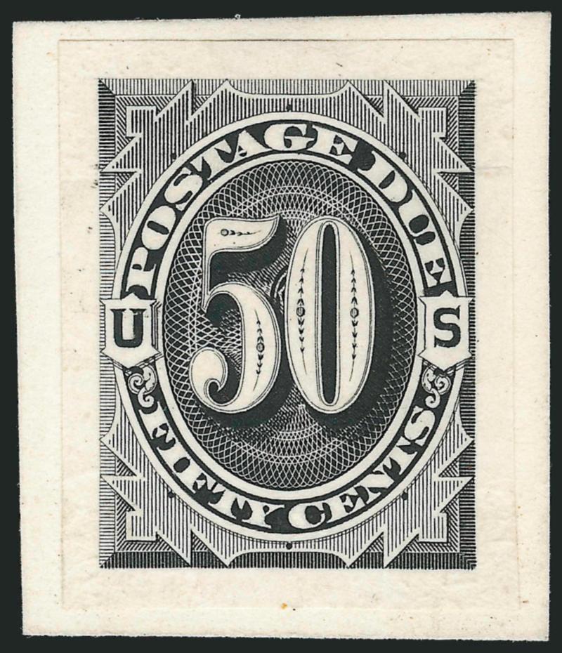 1c-50c 1879 Postage Due, Small Die Trial Color Proofs (J1TC2-J7TC2).> 19 different, all with original card backing except one, four are listed colors, <others unlisted>, also incl. No. J1TC4 trial color plate
proof on card in black, Very Fine-Extreme
