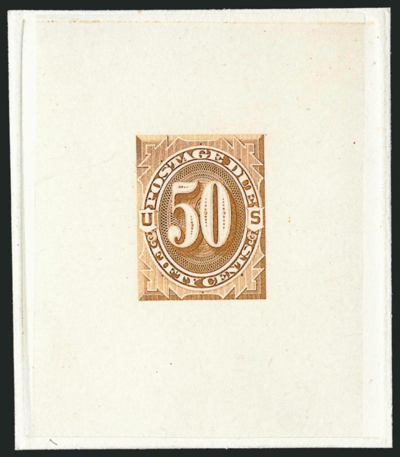 10c-50c 1879 Postage Due, Large Die Trial Color Proofs in Olive Bister (J5TC1-J7TC1).> 60 x 68mm or larger, Very Fine-Extremely Fine