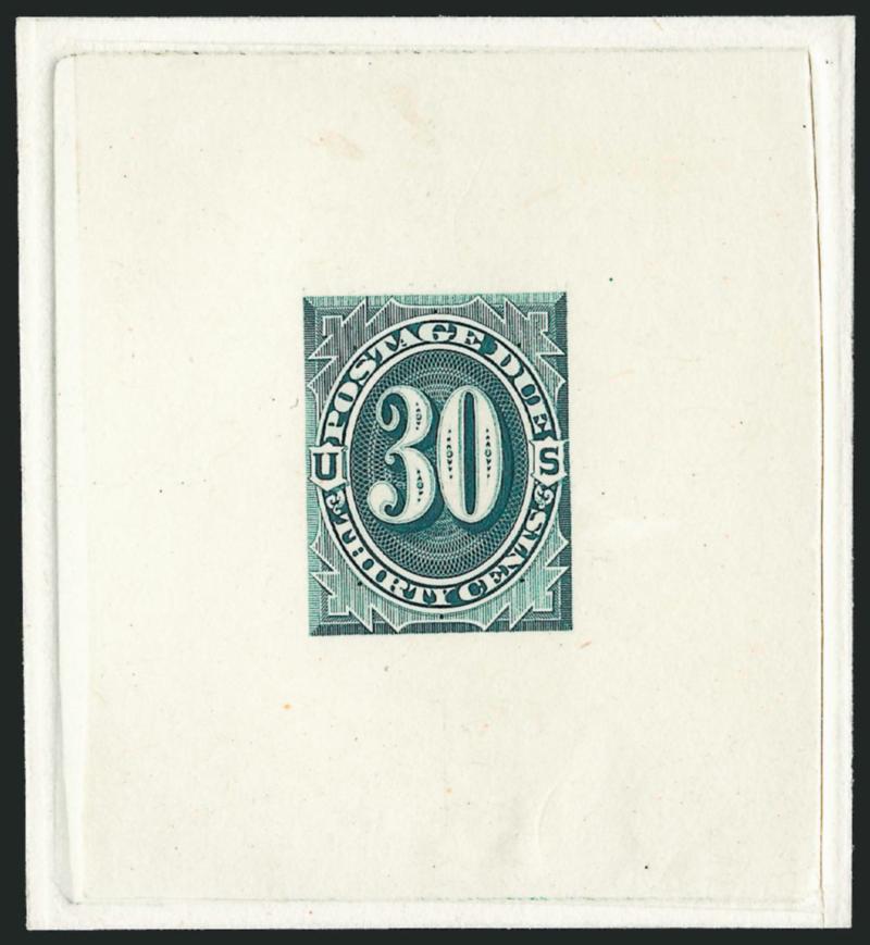30c 1879 Postage Due, Large Die Trial Color Proof (J6TC1).> Three different colors, die sunk on cards, 58 x 64mm to 63 x 70mm, Very Fine-Extremely Fine