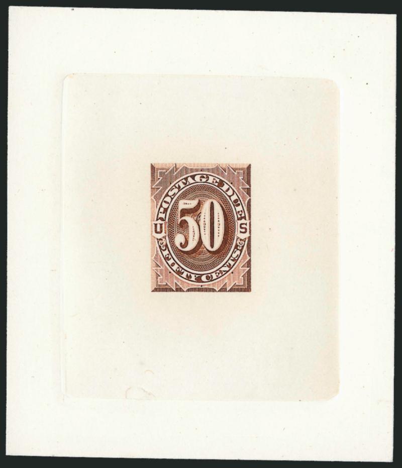 1c-50c 1879 Postage Due, Large Die Proofs (J1P1-J7P1).> Die sunk on cards, 72 x 79mm to 77 x 89mm, 1c-5c values the smaller ones as typically seen, these four also have die numbers, wonderfully fresh,
Extremely Fine, pristine set
