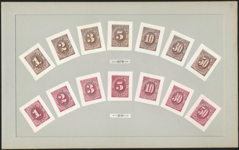 1c-50c 1879 and 1891 Postage Due, Small Die Proofs (J1P2-J7P2, J22P2-J28P2).> Complete sets on full page from a Roosevelt book, Very Fine-Extremely Fine, seldom seen today and one of only 85
prepared