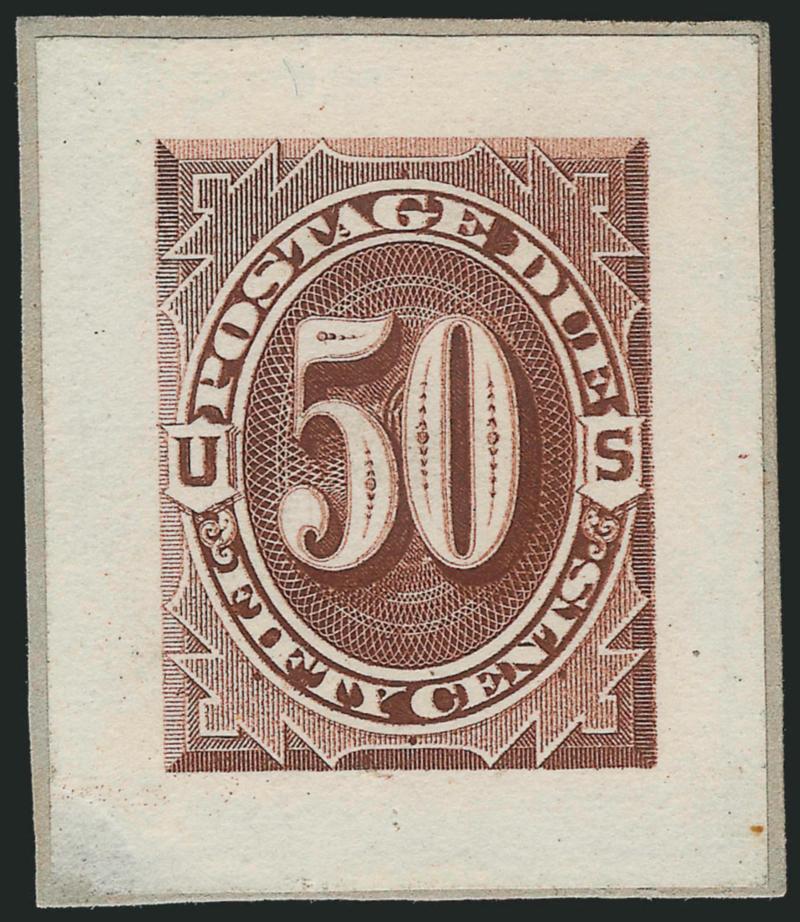 1c-50c 1879 Postage Due, Small Die Proofs on Wove (J1P2-J7P2).> On small gray cards from a Roosevelt album, 2c minor margin soiling, otherwise Very Fine-Extremely Fine, only 85 sets believed to have been
issued