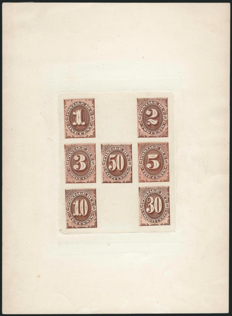 1c-50c Brown, 1879 Postage Due, Hybrid Composite H Proof (J1P3-J7P3 var.).> The seven values on India paper cut close and pressed on full size die sunk 146 x 200mm card, Very Fine and rare, this is the
so-called H proof because of the manner in w